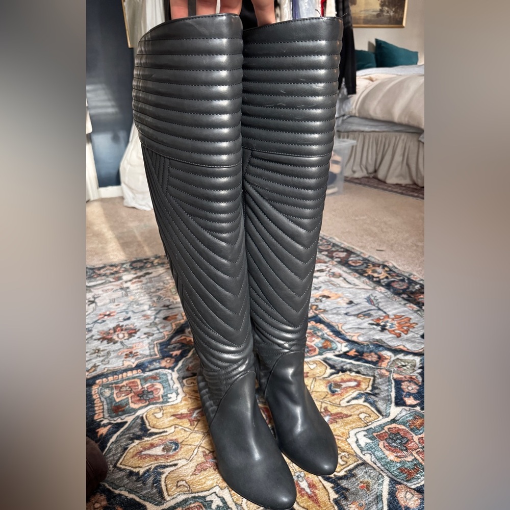 Quilted Over the Knee High Heel Black Boots
